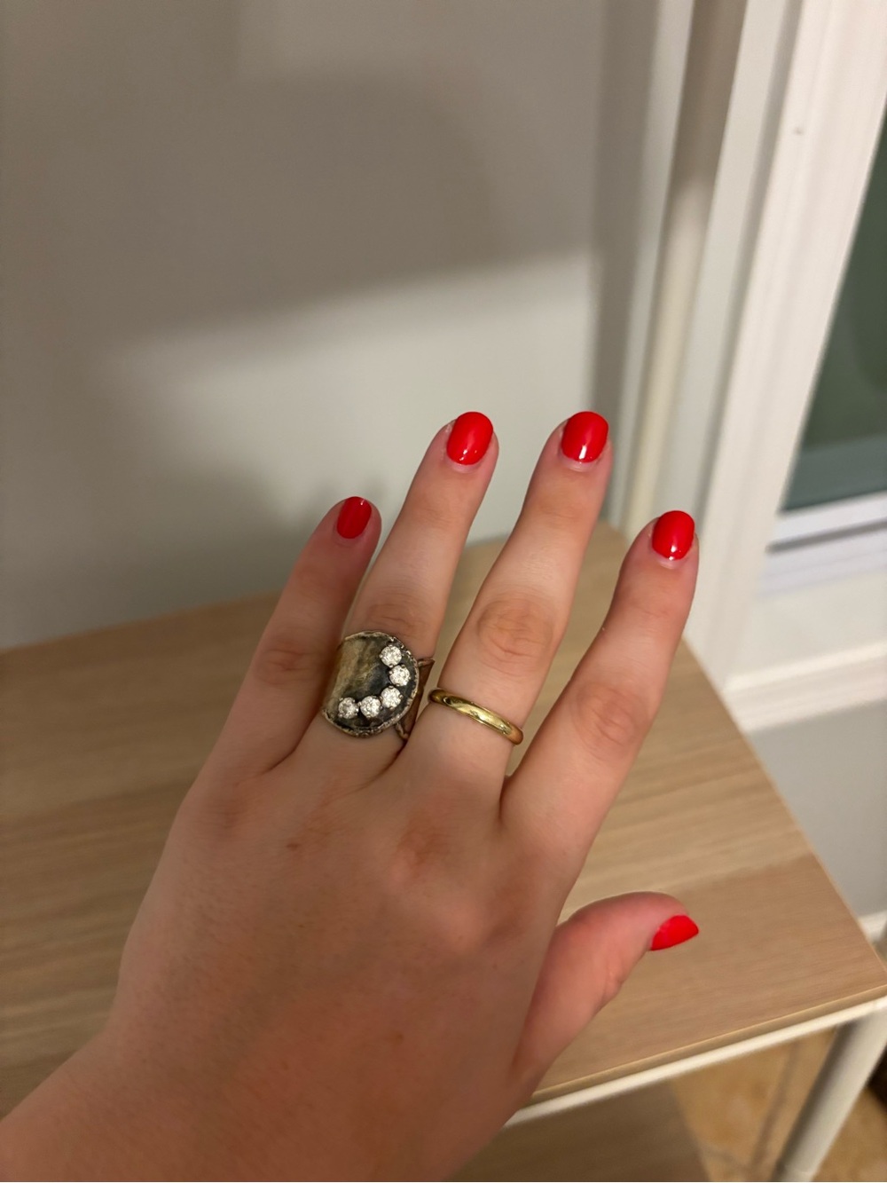 Silver and rhinestone spoon ring